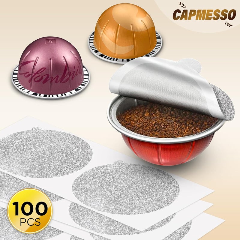 CAPMESSO Aluminum Foil Lids for Nespresso Vertuo Pods: 100 PCS Foil Seal Cover for Reusable Nespresso Pods Vertuo - V2 Perfect Size for nespresso refillable pods(Foil Lids Only) - Image 3